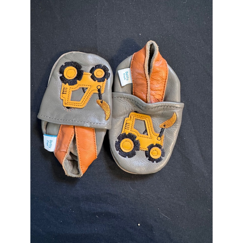 Dotty Fish Grey Orange Leather Digger Construction Baby Shoes 6-12 Months